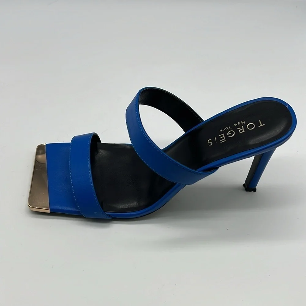 Torgeis - Antilles Bold Blue With Gold Tips Strap Sandal Open Toe Heels Size 7